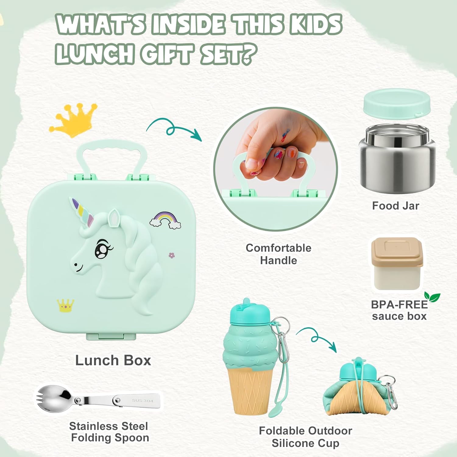 Aimsnk Kids Lunch Box Set -12oz Insulated Food Jar, Thermal Bag,Leakproof Lunch Food Containers Cutlery (BPA Free)-Gift for Girls/Boys Age 3-10(Green)