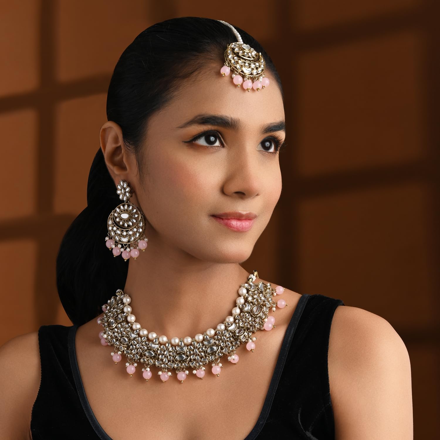 I Jewels Gold Plated Unique Design Multi layer Statement Handmade Choker Necklace Jewellery & Jhumka Earring Set For Women