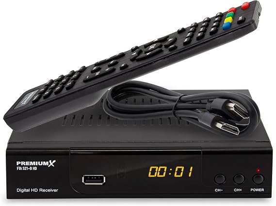 PremiumX Satellite Receiver HD 521 FTA Digital SAT TV Receiver DVB-S2 FullHD HDMI SCART 2X USB Multimedia Player 12V External Power Supply