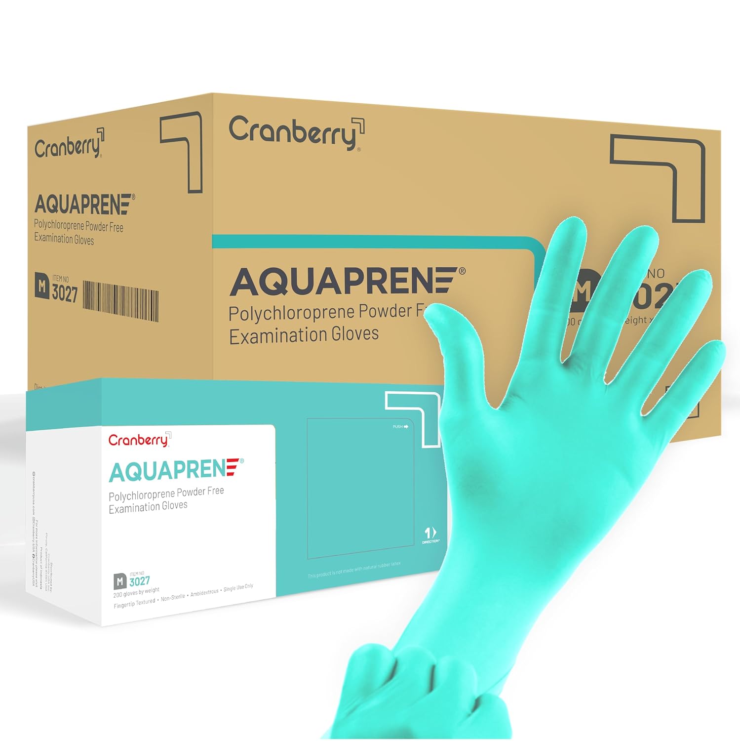 Cranberry USA CR3026case Aquaprene Chloroprene Powder Free Exam Gloves, 3.2 mil, Aqua, Small (Pack of 2000)