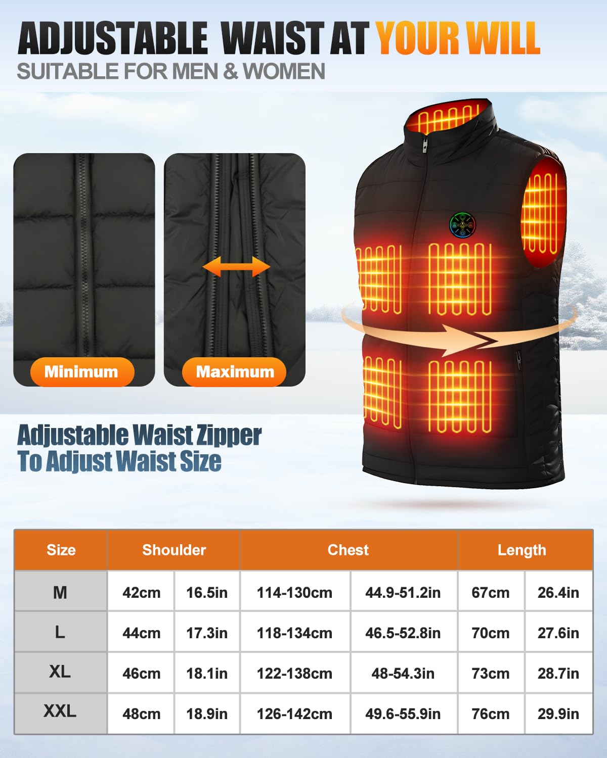 Gilet riscaldato per uomo e donna, Power Bank, 9 zone di riscaldamento e 3 livelli di temperatura regolabili, lavabile, senza maniche, con colletto alla coreana e borsa per la biancheria, per sport