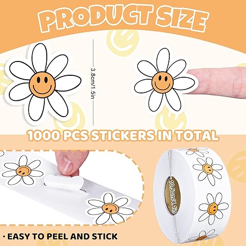 Miniatura 2 de Whaline 1000 calcomanías bohemias de margaritas blancas con forma de margarita, calcomanías autoadhesivas de flores hippie groovy, estilo retro,