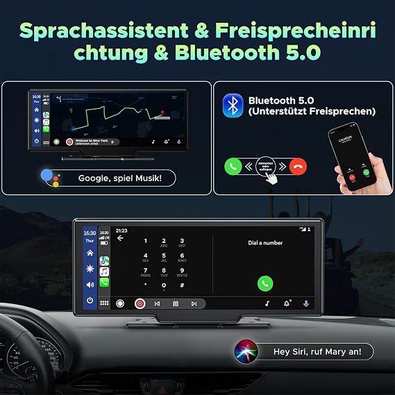 Wireless Apple Carplay and Android Auto, Car Stereo with 2K Front Dashcam, Portable Carplay 9.26 Inch Full HD Touch Screen Monitor with Bluetooth 5.0/GPS/FM/AUX/Mirror Link/64G TF Card