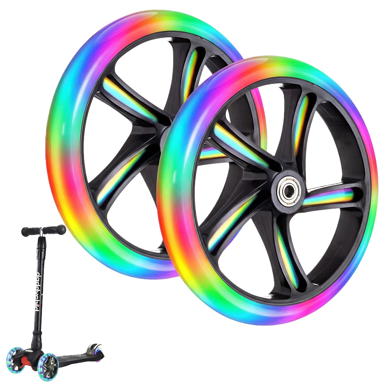 Ruote luminose per scooter: 2 pezzi da 200 mm, ruote di ricambio a LED con cuscinetti ABEC-9, ruote luminose per tutti i tipi di scooter