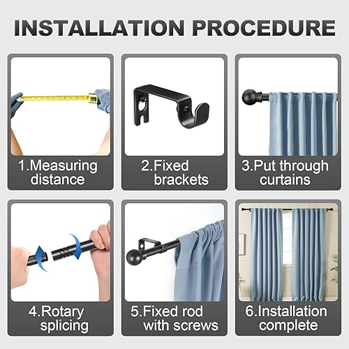 Miniatura 5 de Authandis Barras de cortina negras para dormitorio con soportes, barra de cortina pequeña de 58 pulgadas de diámetro, 32 a 123 pulgadas, barras de