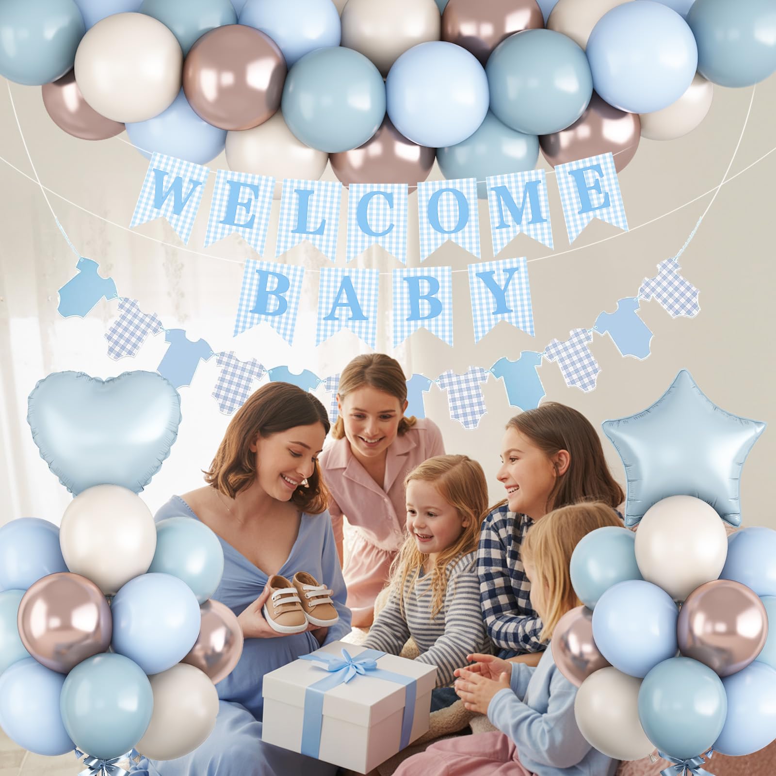 Dusty Blue Baby Shower Decorations Oh Welcome Baby Boys Balloon Set including Star Heart Foil Balloons Bunting Banner Bodysuit Paper Garland Boho Pastel Blue Gold White Sand Gender Reveal Party Decor Girls - Image 3