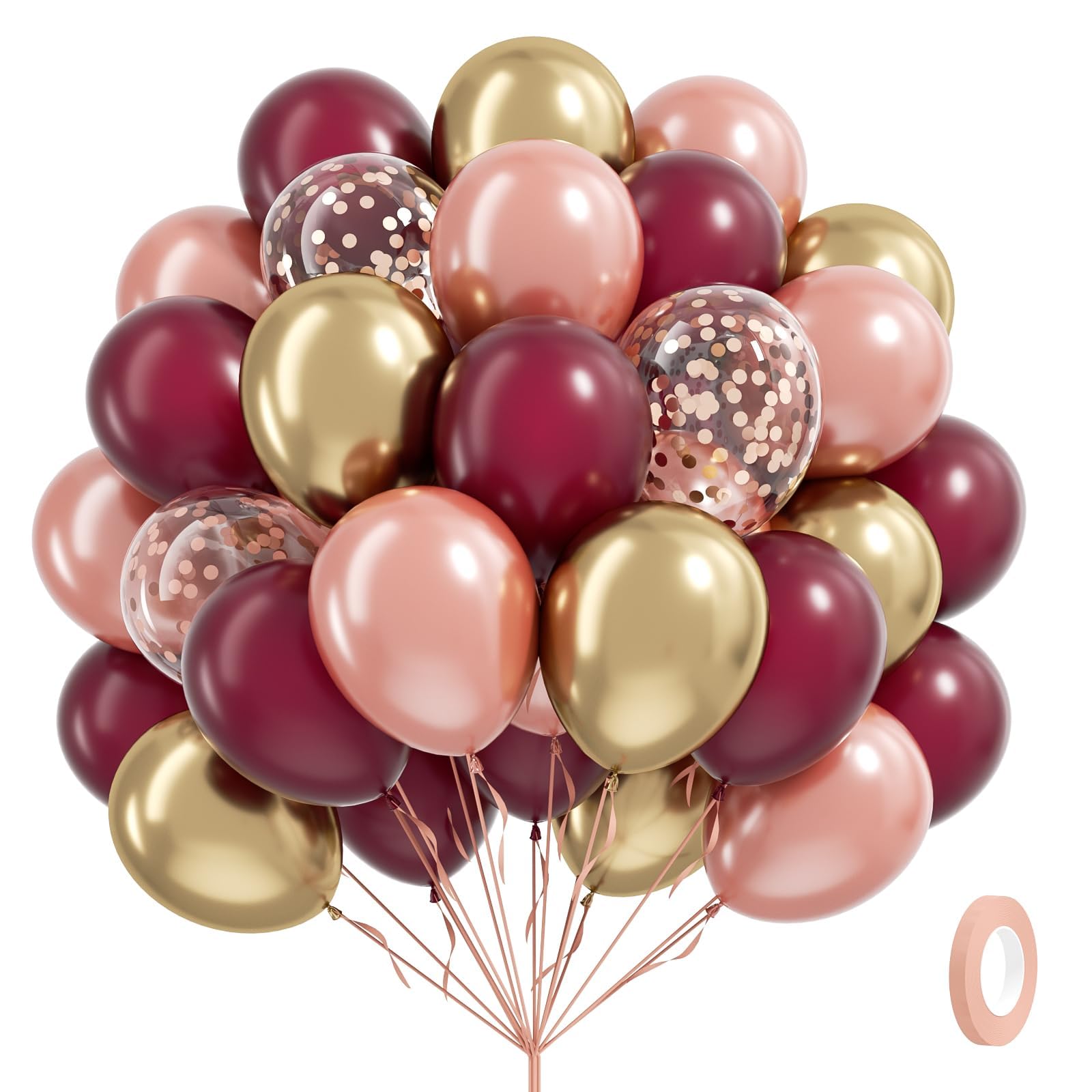 60pcs Burgundy and gold Balloons 12inch with Maroon Pearl Rose Gold Confetti Metallic Gold Balloons for Wedding Bridal Shower Anniversary Birthday