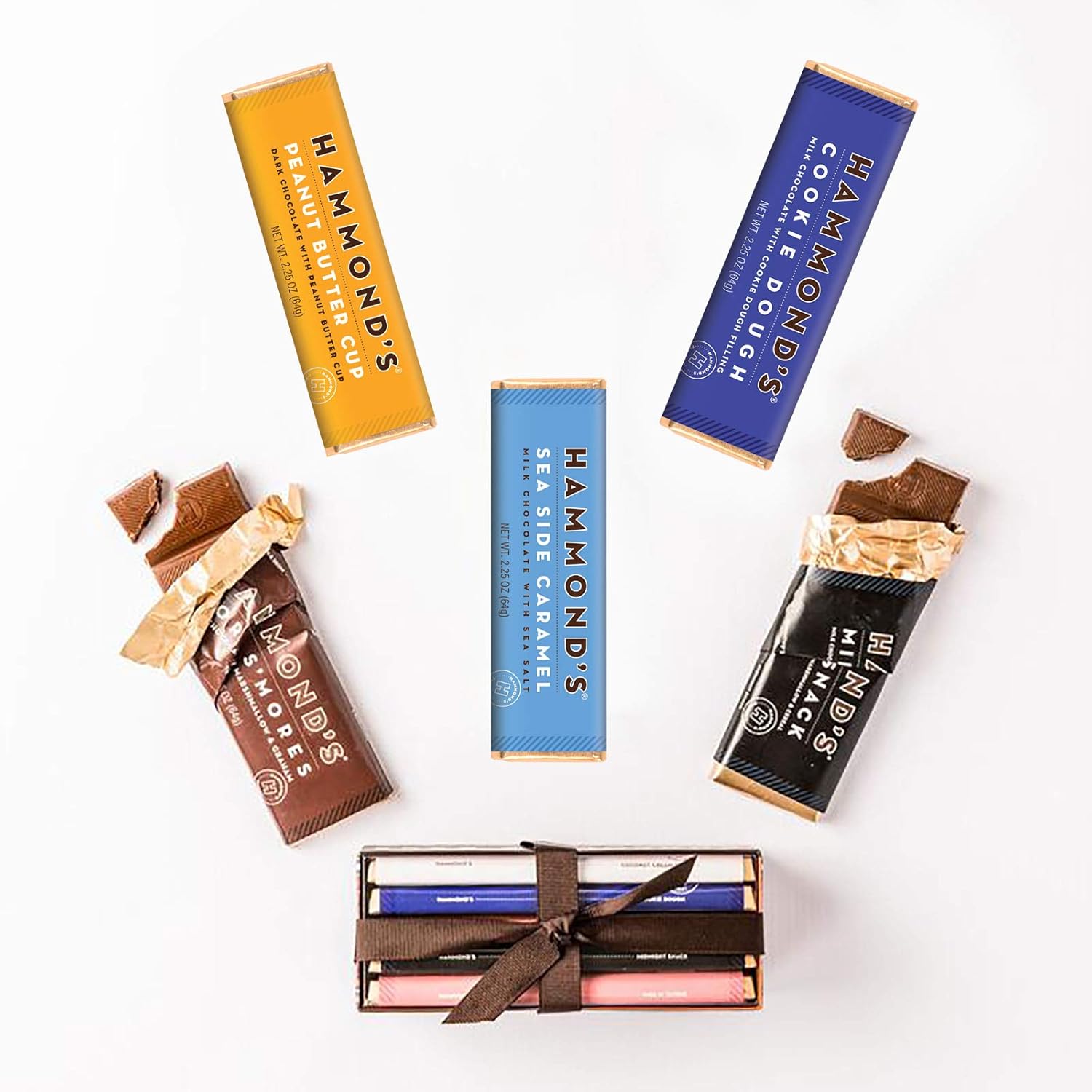 Hammond's Candies Gourmet Chocolate Variety Pack, 2.25 oz Each, Peanut Butter Cup, More S'Mores, Sea Side Caramel, Midnight Snack & Cookie Dough