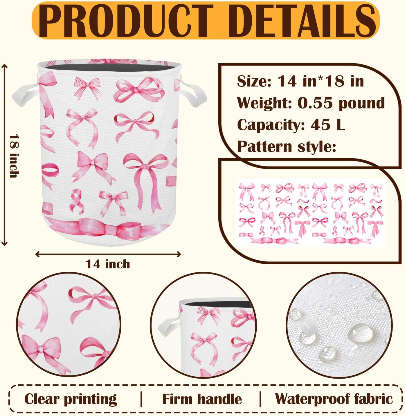 Pink Coquette Bow Laundry Basket Hamper, Toybox for Girls, Preppy Aesthetic Bow Waterproof Collapsible Storage Bin Organizer for Bedroom Bathroom Girls Room Dorm Clothes Toys Books