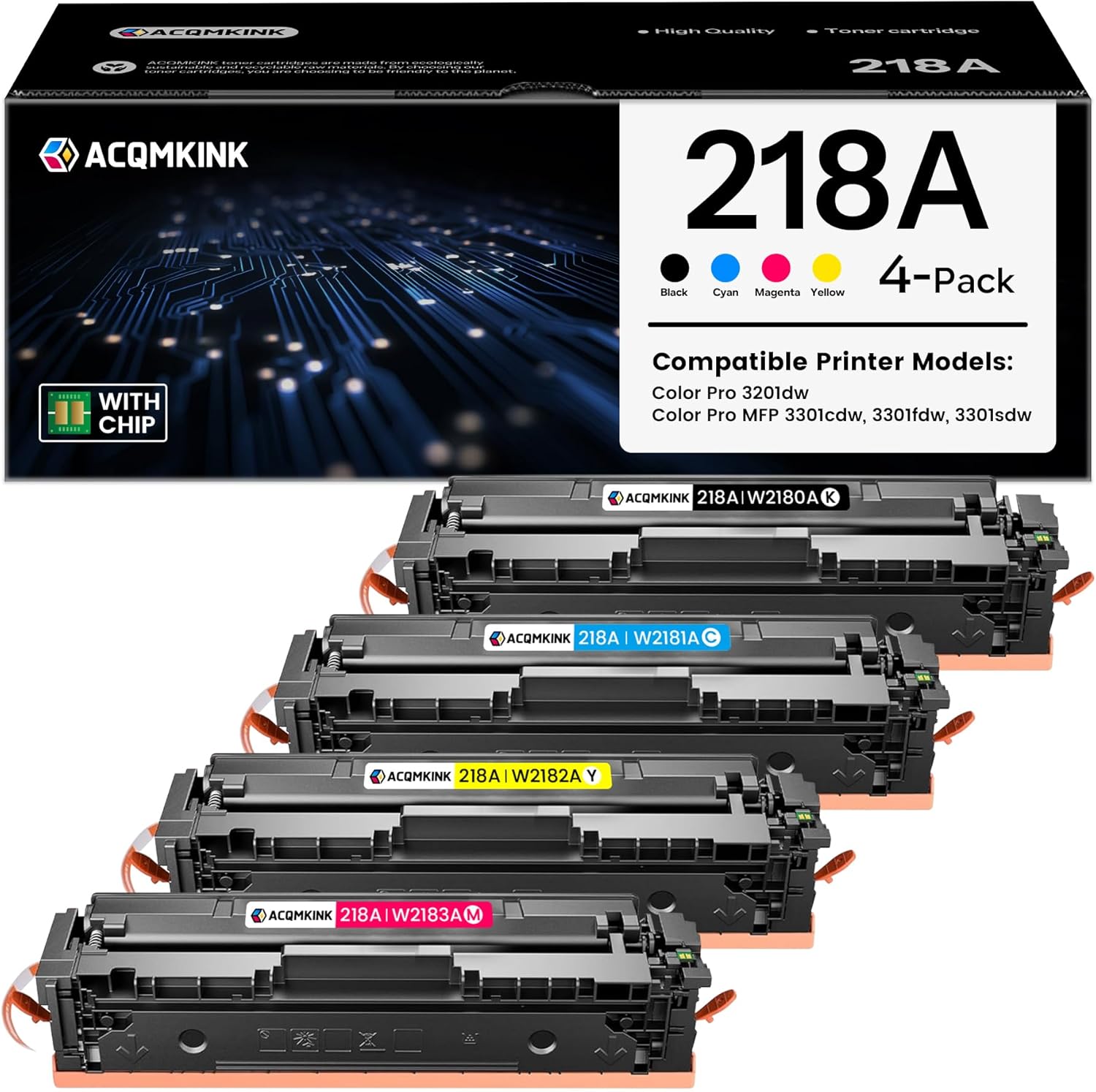 218A Toner Cartridges 4 Pack with Chip Compatible for HP 218A W2180A W2181A W2182A W2183A Works with Color Pro 3201dw MFP 3301 Series 3301sdw 3301fdw 3301cdw Printer Ink (Black/Cyan/Yellow/Magenta)
