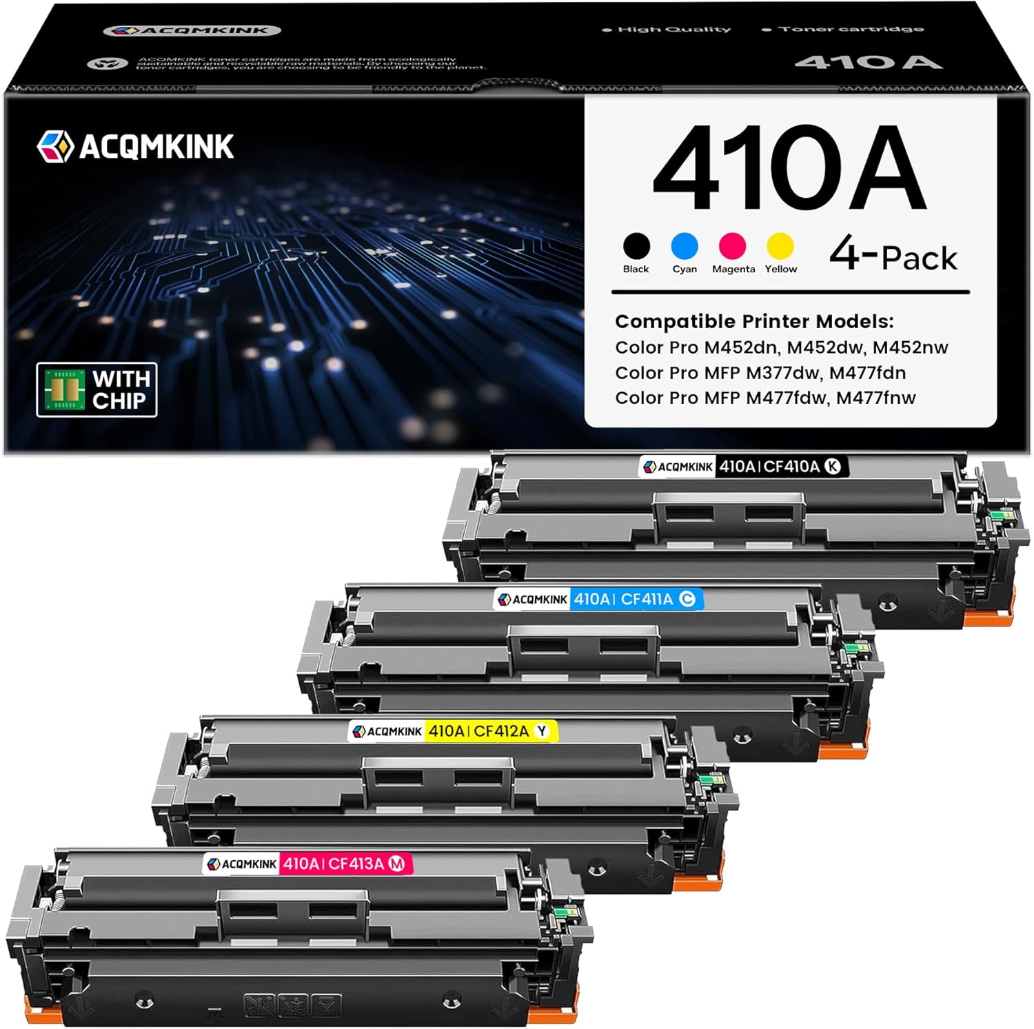 410A Toner Cartridges 4 Pack Replacement for HP 410A CF410A CF411A CF412A CF413A Color Pro MFP M477fdn M477fdw M477fnw; M452dn Printer (Black/Cyan/Magenta/Yellow)
