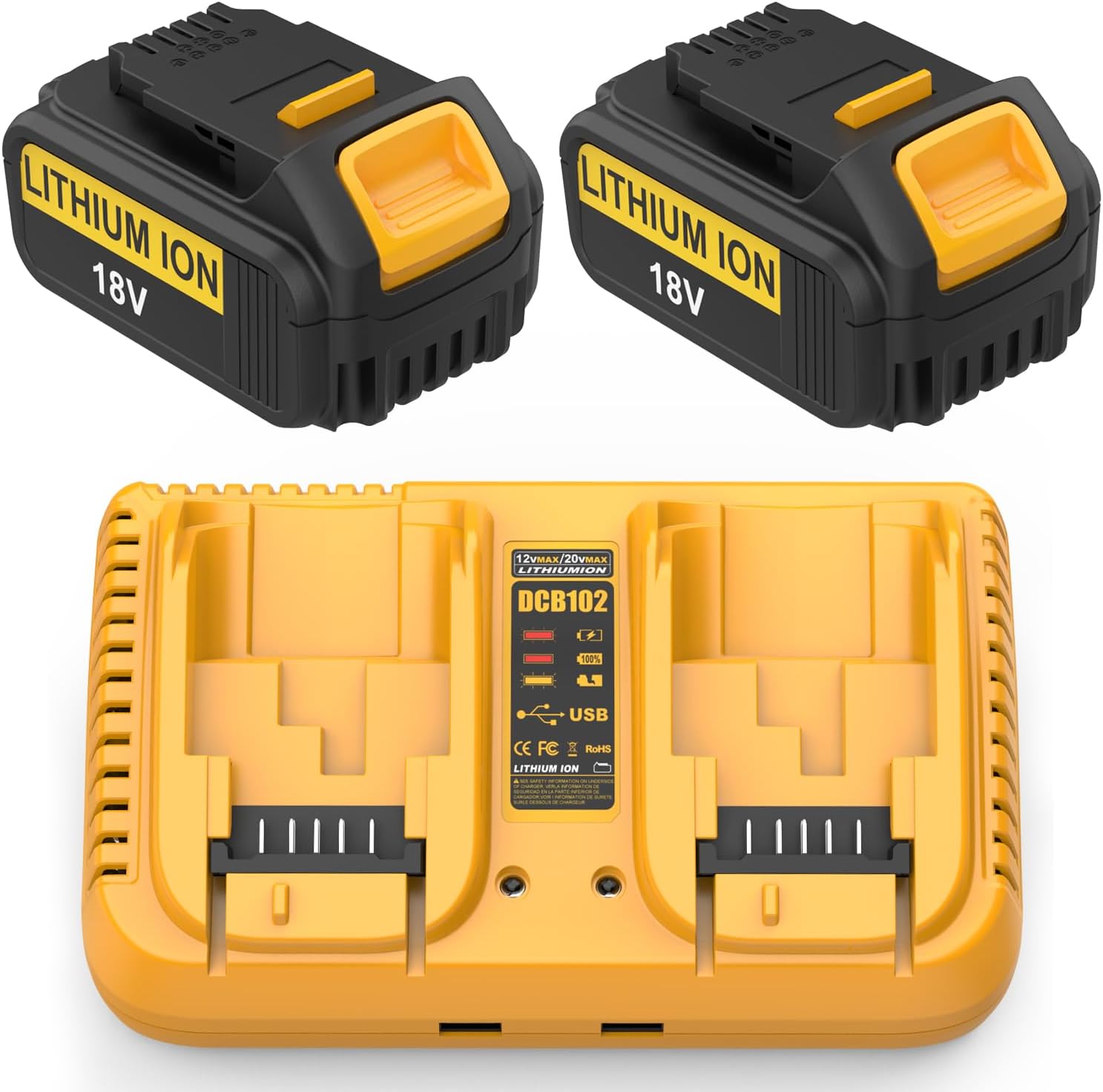2 stuks 18V 5.0Ah vervangende accu DCB102 lader voor Dewalt accu 18V DCB184 DCB200 DCB182 DCB180 DCB181