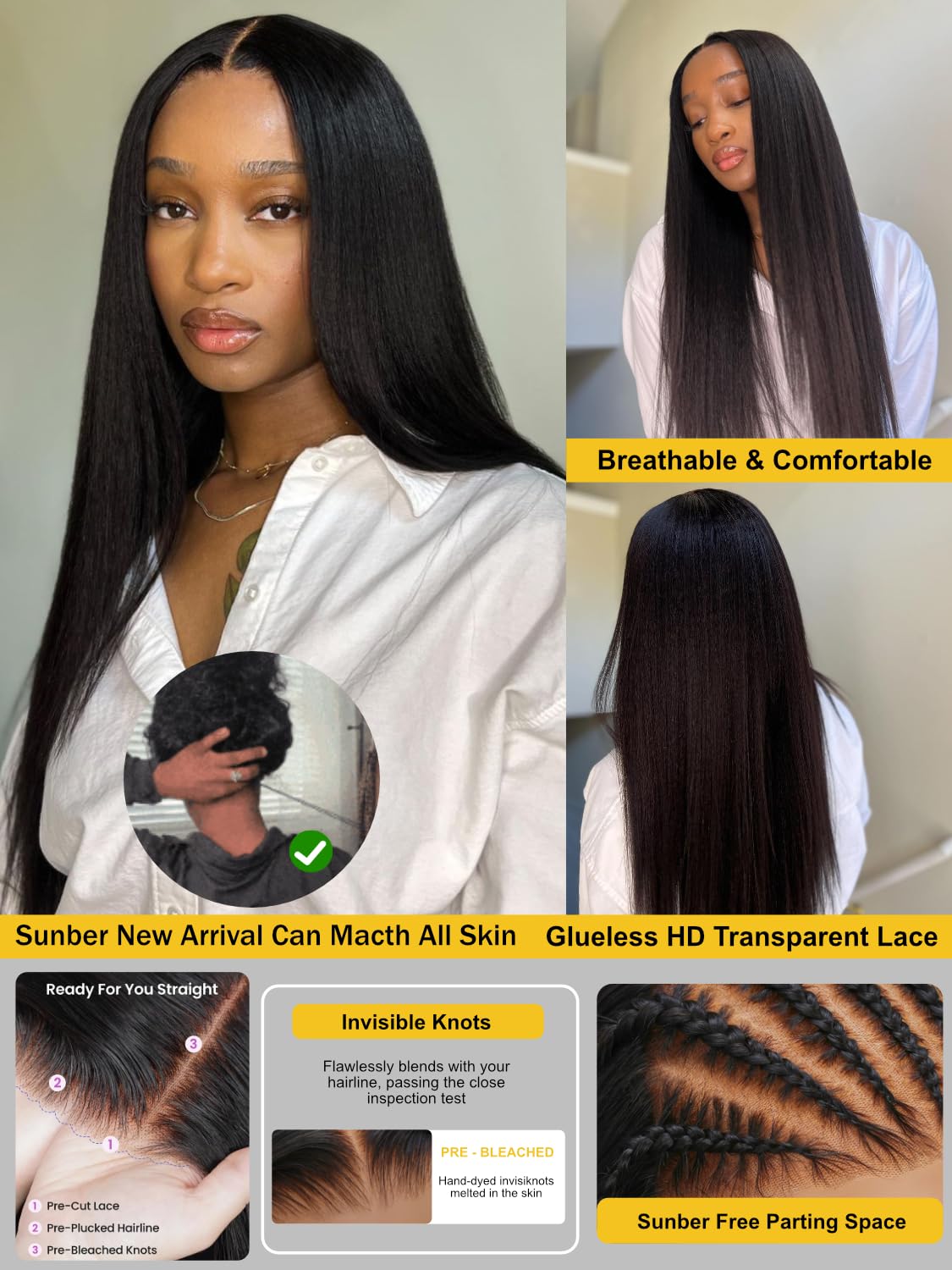 Sunber Yaki Straight Human Hair Wig with Drawstring Bye Bye Knots Pre Cut 7x5 Lace Front Glueless Yaki Wig 180% Density Upgrade 3D Cap Put On Go Pre Plucked with Baby Hair Pre Bleached Knots 18Inch