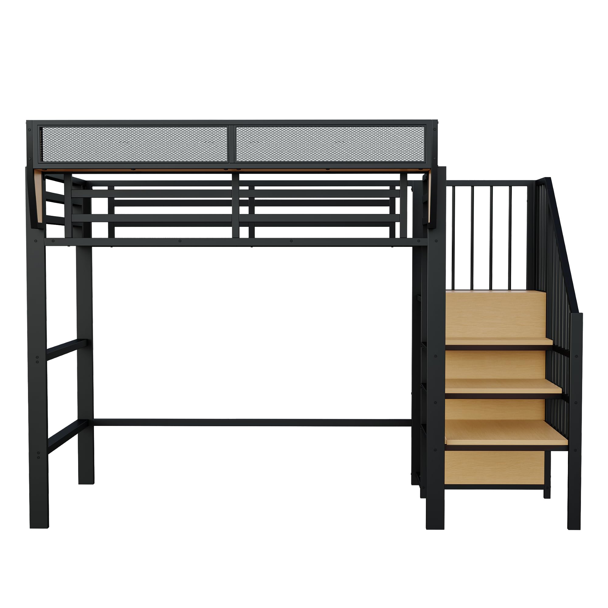 Idemon Letto a soppalco 90 x 200 cm, con scala di sicurezza e vano portaoggetti flessibile, letto in metallo per adulti, letto a soppalco per adolescenti (nero)