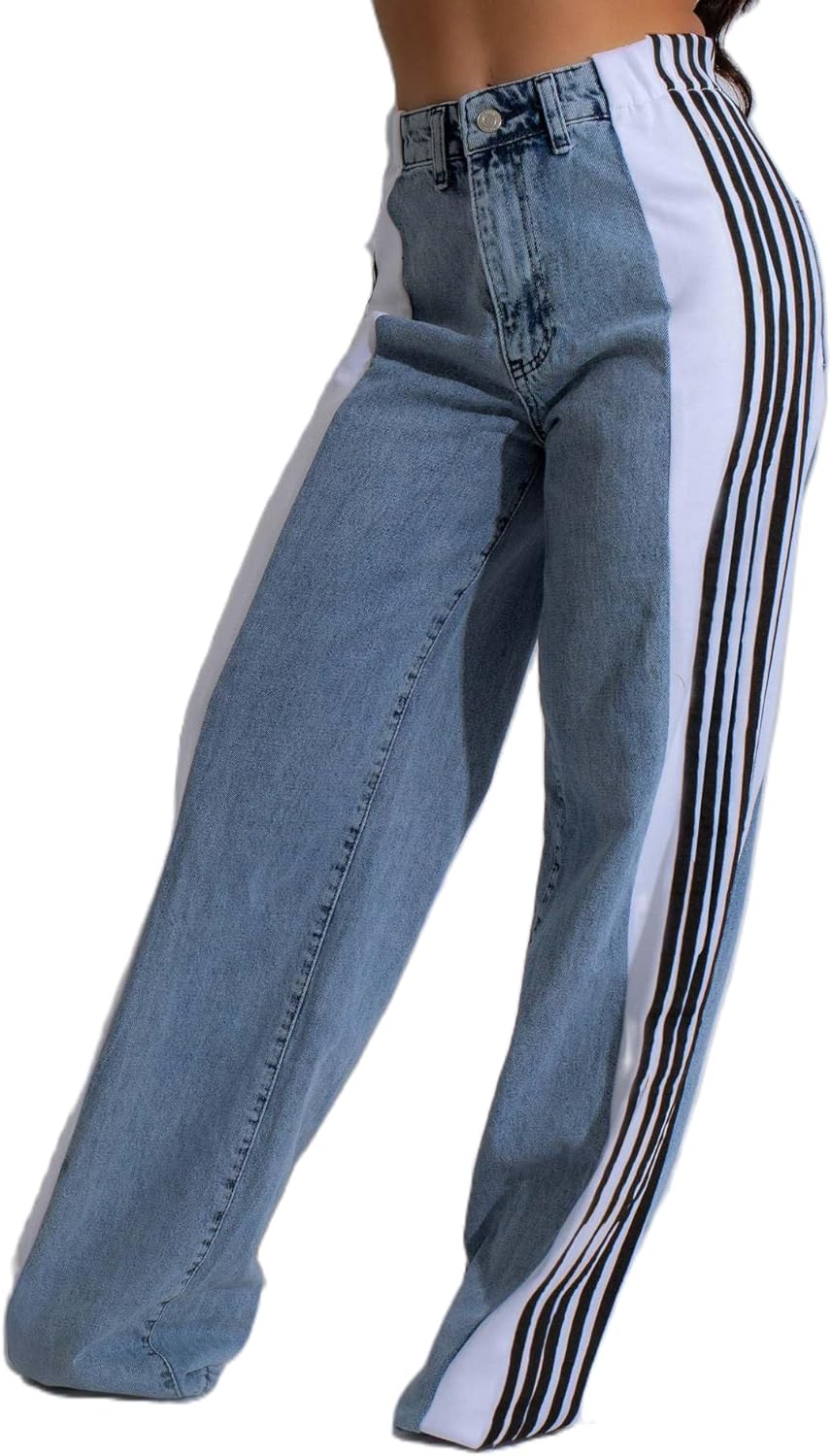 UAURORAO Women Side Striped Baggy Jeans Y2k Color Block Patchwork Denim Pants Stripes Wide Leg Casual Trousers Streetwear