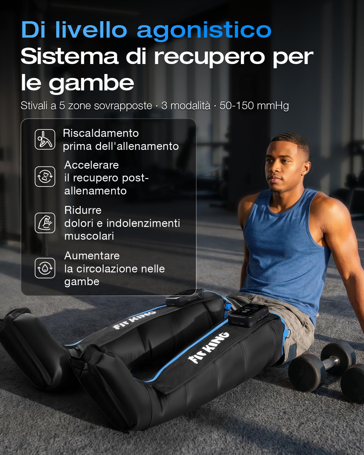 FIT KING Massaggiatore Gambe Senza Fili Sincronizzazione Bluetooth (S) | Pressoterapia Gambe 5 Zone di Compressione, Batteria 3-6h, 12 Intensità, Sollievo Dall’edema, Riduzione dei Dolori Muscolari