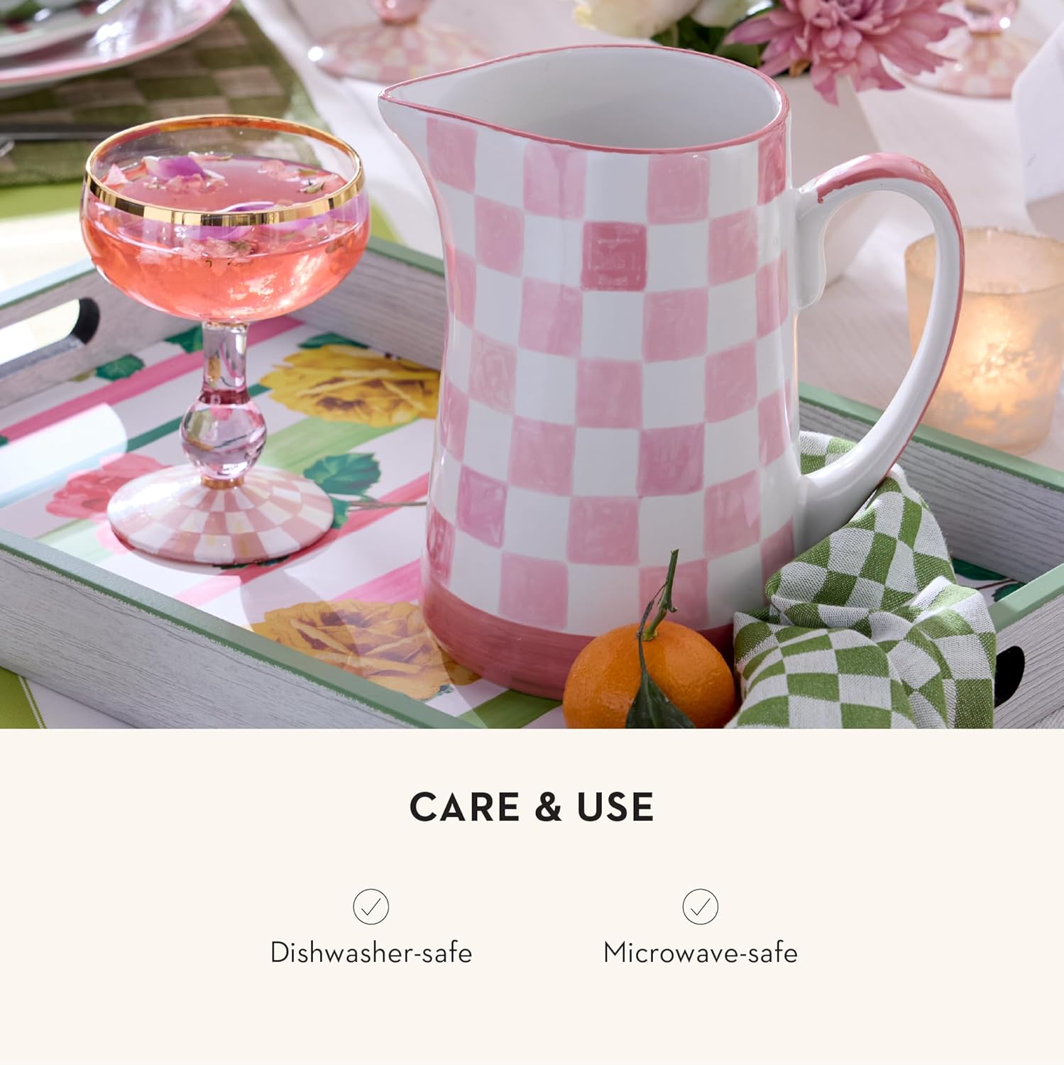 MACKENZIE-CHILDS Stoneware Pitcher with Spout, Decorative Drink Pitcher, 1.75 Quarts, Pink Check - Image 5