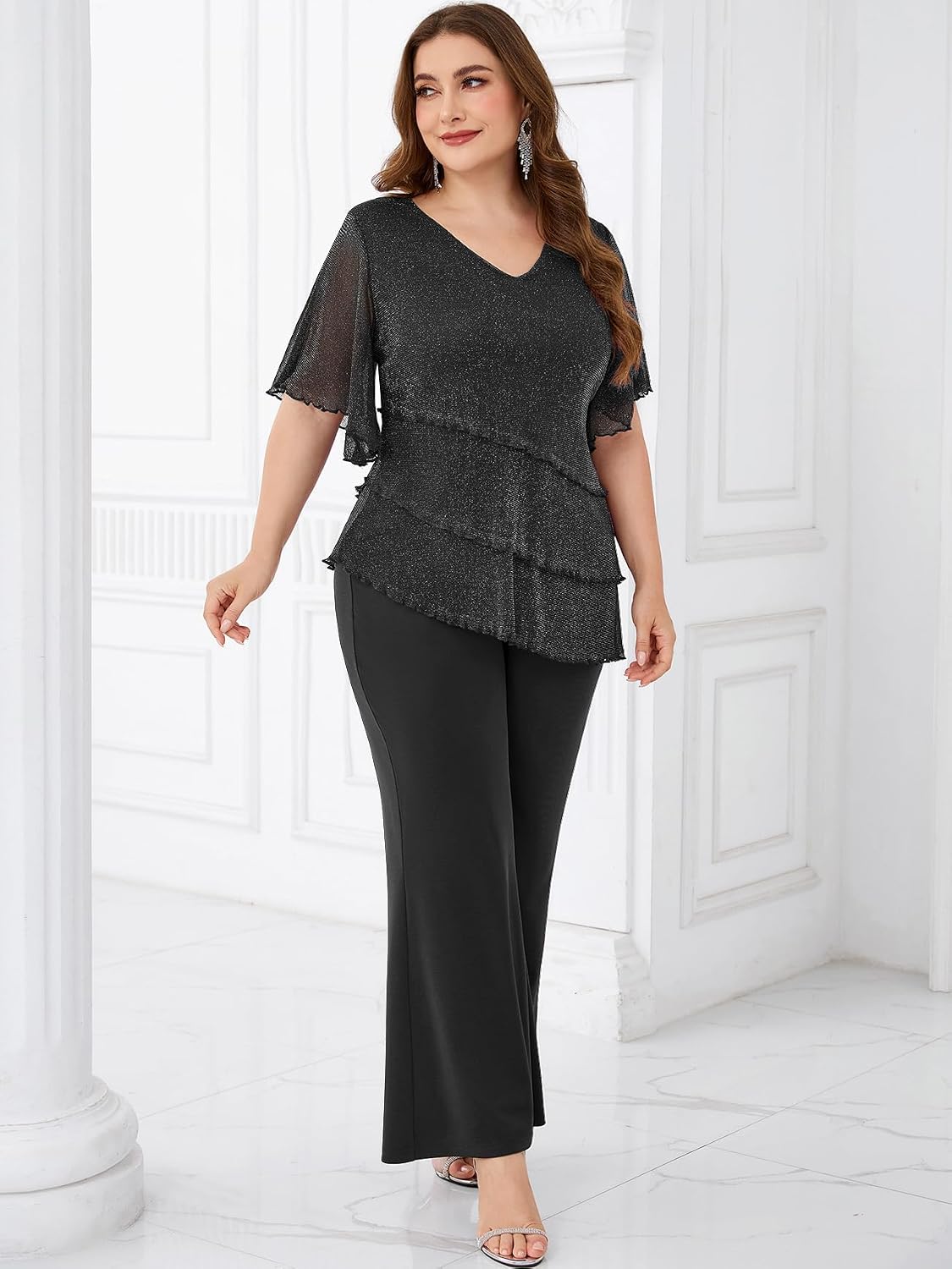 ZOMVA Plus Size Sparkly Pant Suits 2 Piece Sets Dressy Mother of the Bride Groom Wedding Guest Party Formal Outfits