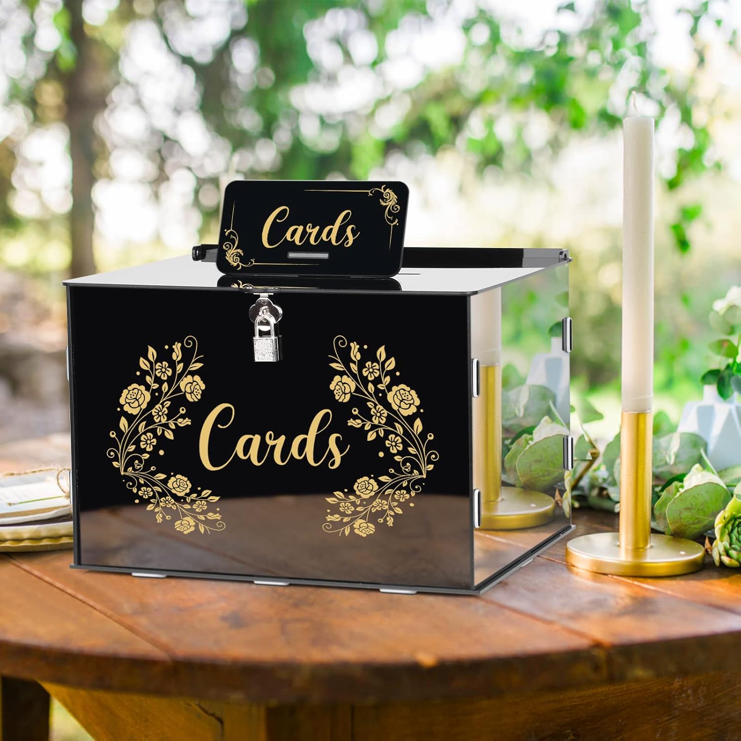 black acrylic card box with slot & lock acrylic wedding card box money envelop post gift cards boxes holder for reception, party, money boxes, wishing well, graduation, birthday, baby shower gold