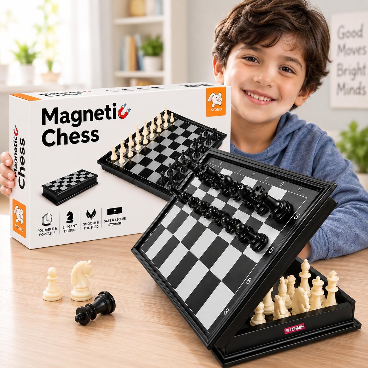 Storio Magnetic Chessboard Game Set with Folding Travel Friendly Portable Storage Case Chess Board Set with 2 Players Toys for Kids and Adults