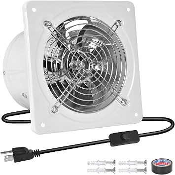 6-inch wall-mounted kitchen metal exhaust fan with switch, 382-576CFM, portable installation, with return air valve, suitable for attic, garage, bathroom, office, basement ventilation, White