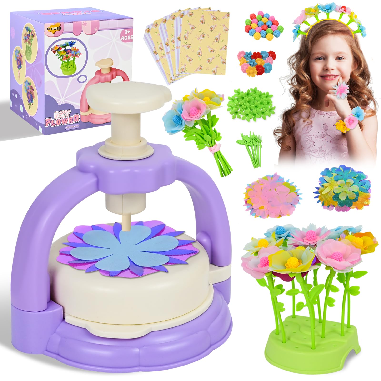 HERMORRYSS Kit di Fiori Creativo per Bambini, Il Laboratorio dei Fiori, DIY Kit Composizione Bouquet, Set Creativo per Mazzi di Fioris con Pressa, Regalo Giocattoli Creativo per Bambina 4+ (Viola)
