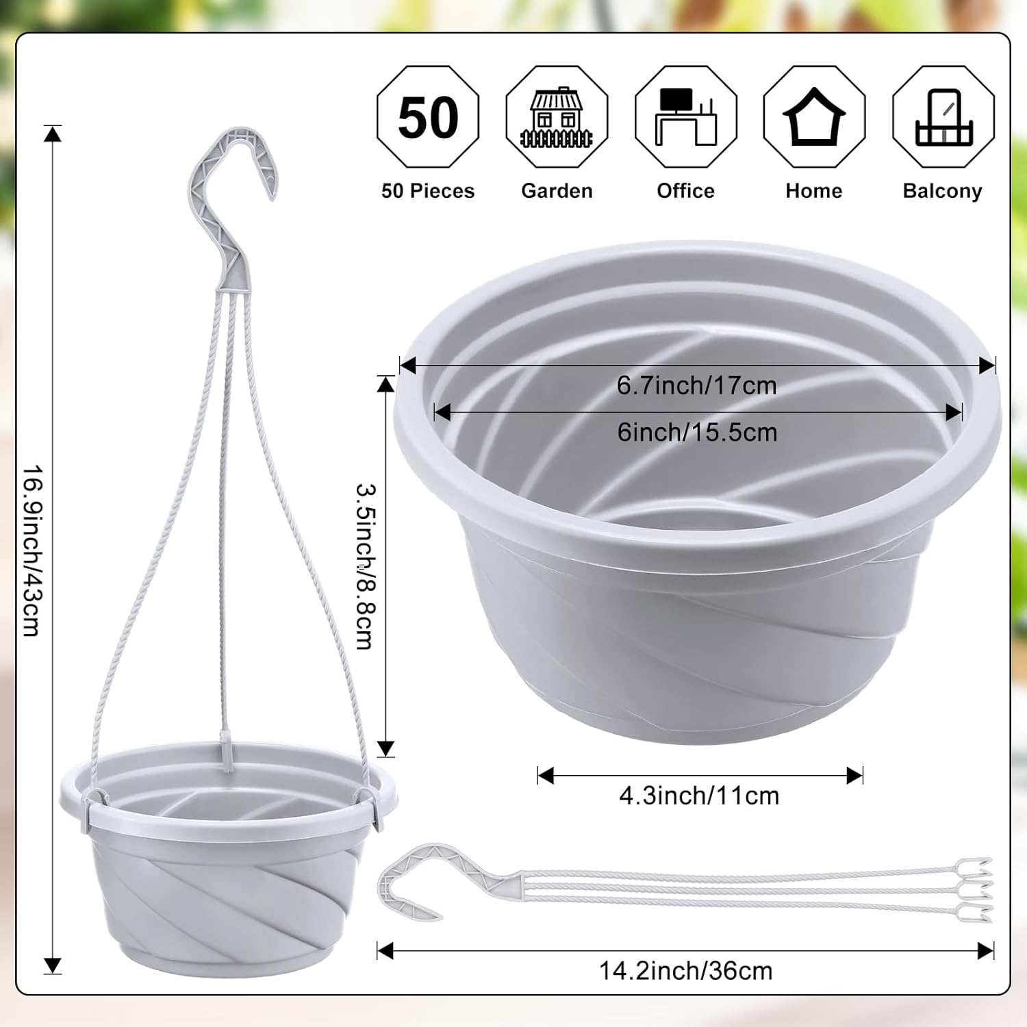 Tioncy 50 Pcs Plastic Hanging Planter Round Hanging Pot for Plants Containers with Hook Flower Plant Pots Holders for Outdoor Indoor Plant Balcony Garden Decor(Gray White)