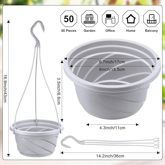 50 Pcs Plastic Hanging Baskets Planter Hanging Pot, Gray White, 6.7inch