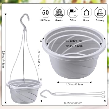 50 Pcs Plastic Hanging Baskets Planter Hanging Pot, Gray White, 6.7inch