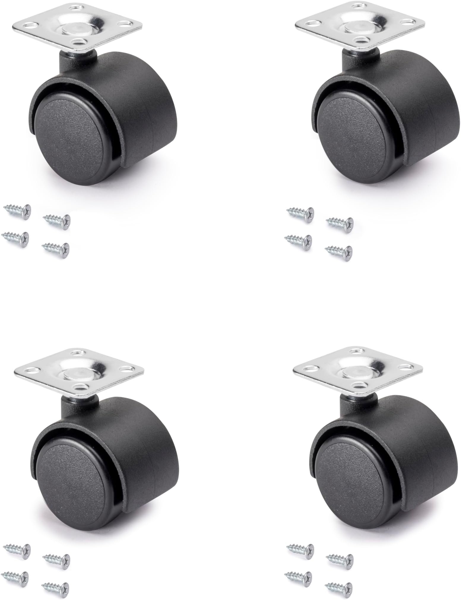 Emuca - black swivel castors for furniture without brake 30mm diameter with fixing plate and ball bearings, Pack of 4