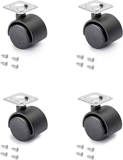 Emuca - Furniture castors, kit of 4 black twin swivel castors with mounting plate, Ø 30 mm, Emuca