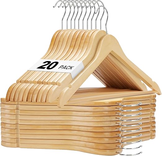 HOUSE DAY Wooden Hangers 20 Pack, Solid Wood Hanger with Non Slip Pant Bar, Heavy Duty Wooden Coat Hanger for Closet, Smooth Finish Wood Clothes Hangers for Shirts, Suits, Jackets, Dresses, Natural