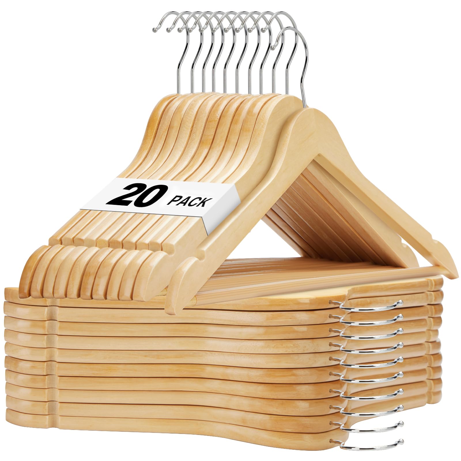 HOUSE DAY Wooden Hangers 20 Pack, Solid Wood Hanger with Non Slip Pant Bar, Heavy Duty Wooden Coat Hanger for Closet, Smooth Finish Wood Clothes Hangers for Shirts, Suits, Jackets, Dresses, Natural