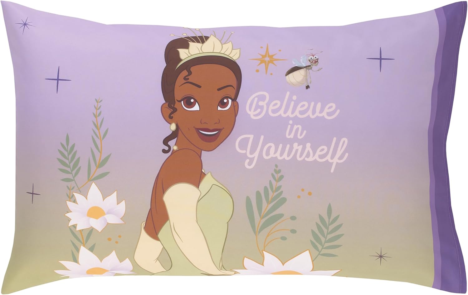 NoJo Disney Princess Tiana Create Your World 4 Piece Toddler Bed Set - Comforter, Fitted Bottom Sheet, Flat Top Sheet, Reversible Pillowcase, Lavender, Green, Yellow