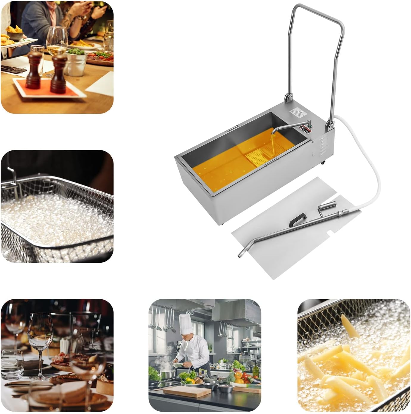 Mobile Fryer Filter, 55L/14.5 Gallon Capacity Foldable Oil Filtration System 110V 370W Commercial Fryer Filter Frying Cart Filtering Machine with Oil Hose for Restaurant