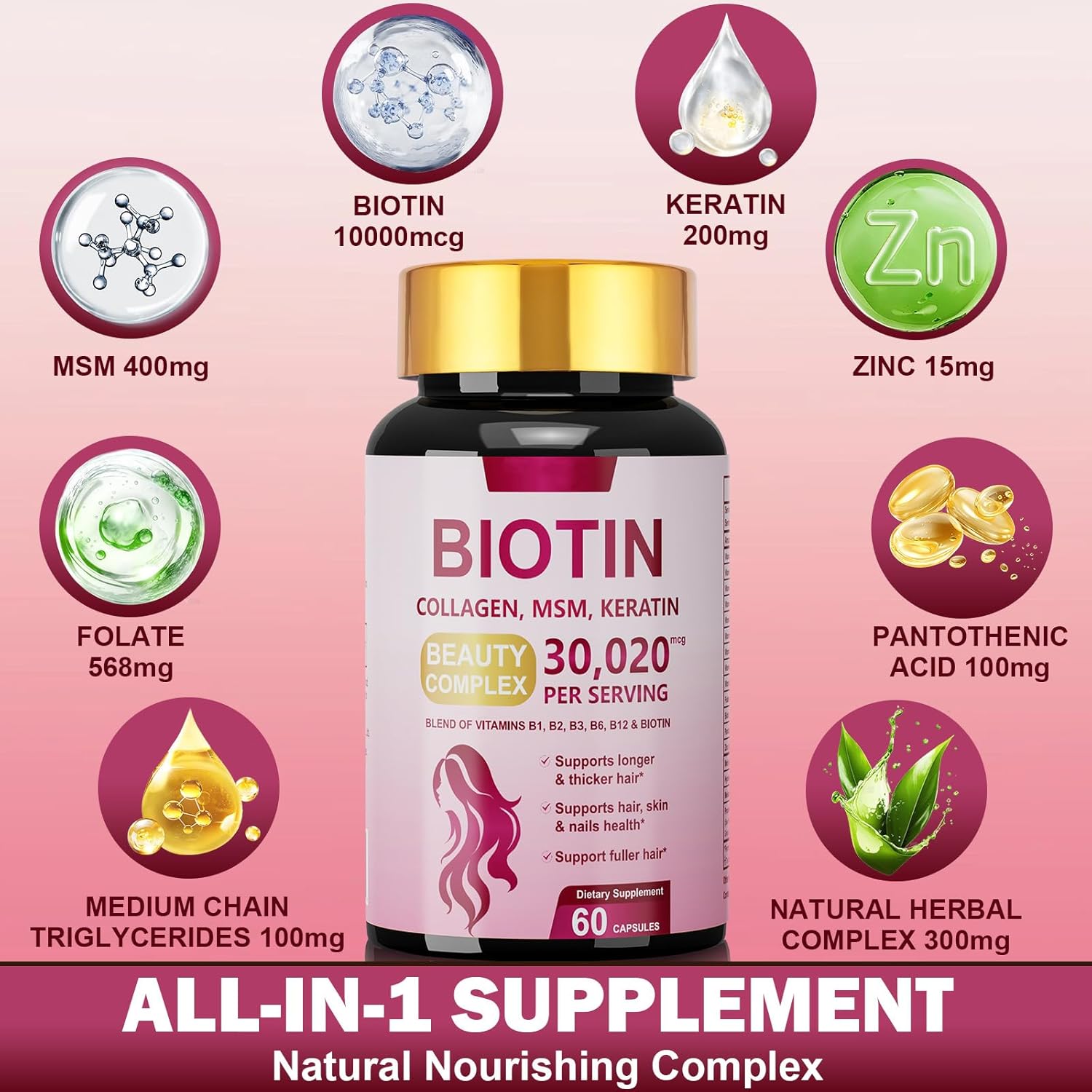 Biotin Supplement for Hair, Skin and Nails, 25-in-1 with Keratin, MSM, Zinc, Herbal Extracts, Nutritional Support for Hair Wellness for Women and Men, 60 Capsules Dietary Supplement