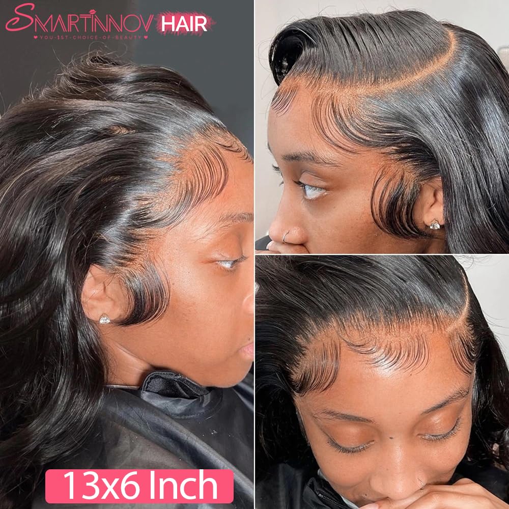 Smartinnov 28 Inch #1B Black Body Wave 13x6 Lace Frontal Wigs Curly Human Hair HD Transparent Real Hair Natural Wave Pre Plucked with Baby Hair 150% Density Glueless Bleached Knots Lace Front Wigs…