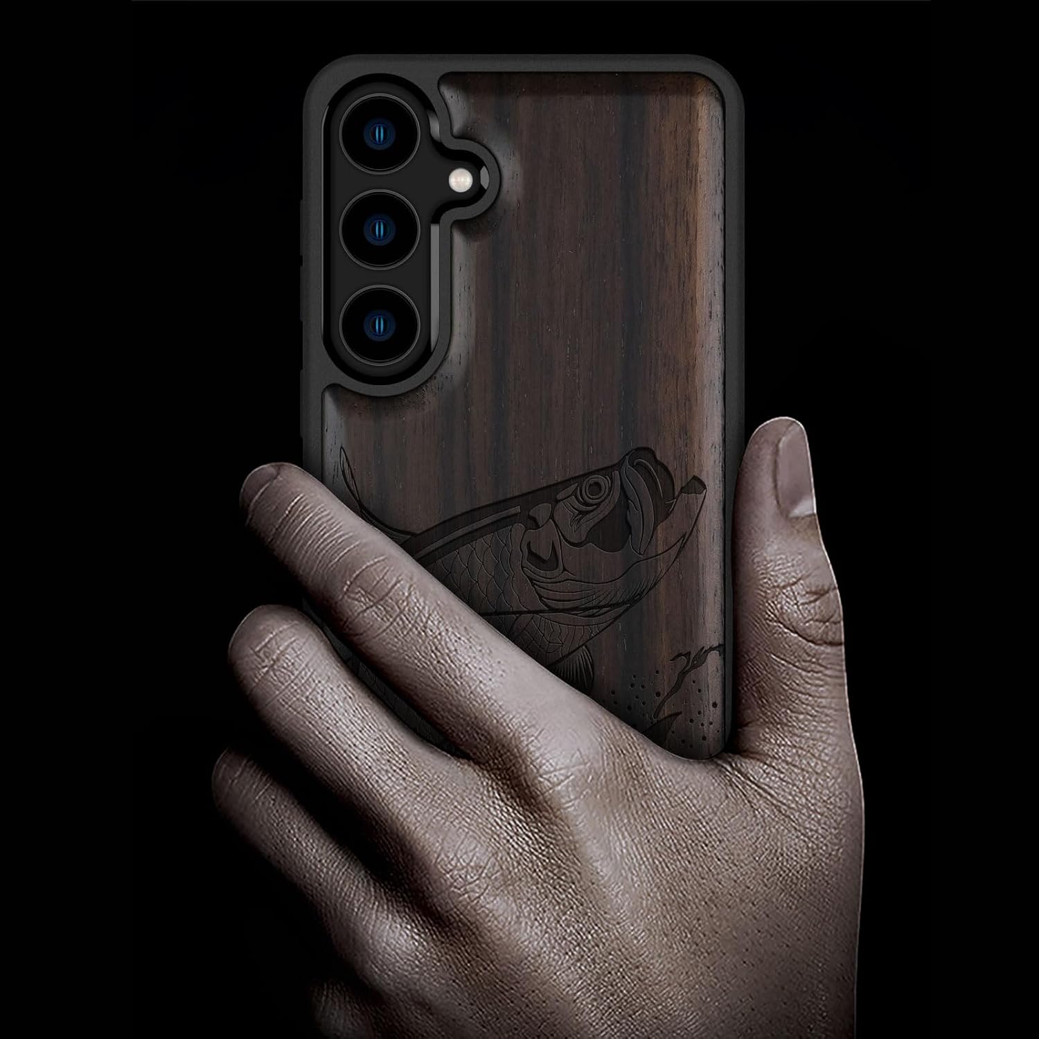 Carveit Wood Case for Galaxy S24 Plus Case [Natural Wood & Black Soft TPU] Shockproof Protective Cover Unique Wooden Design Compatible with S24 Plus (The Tarpon's Leap-Blackwood)