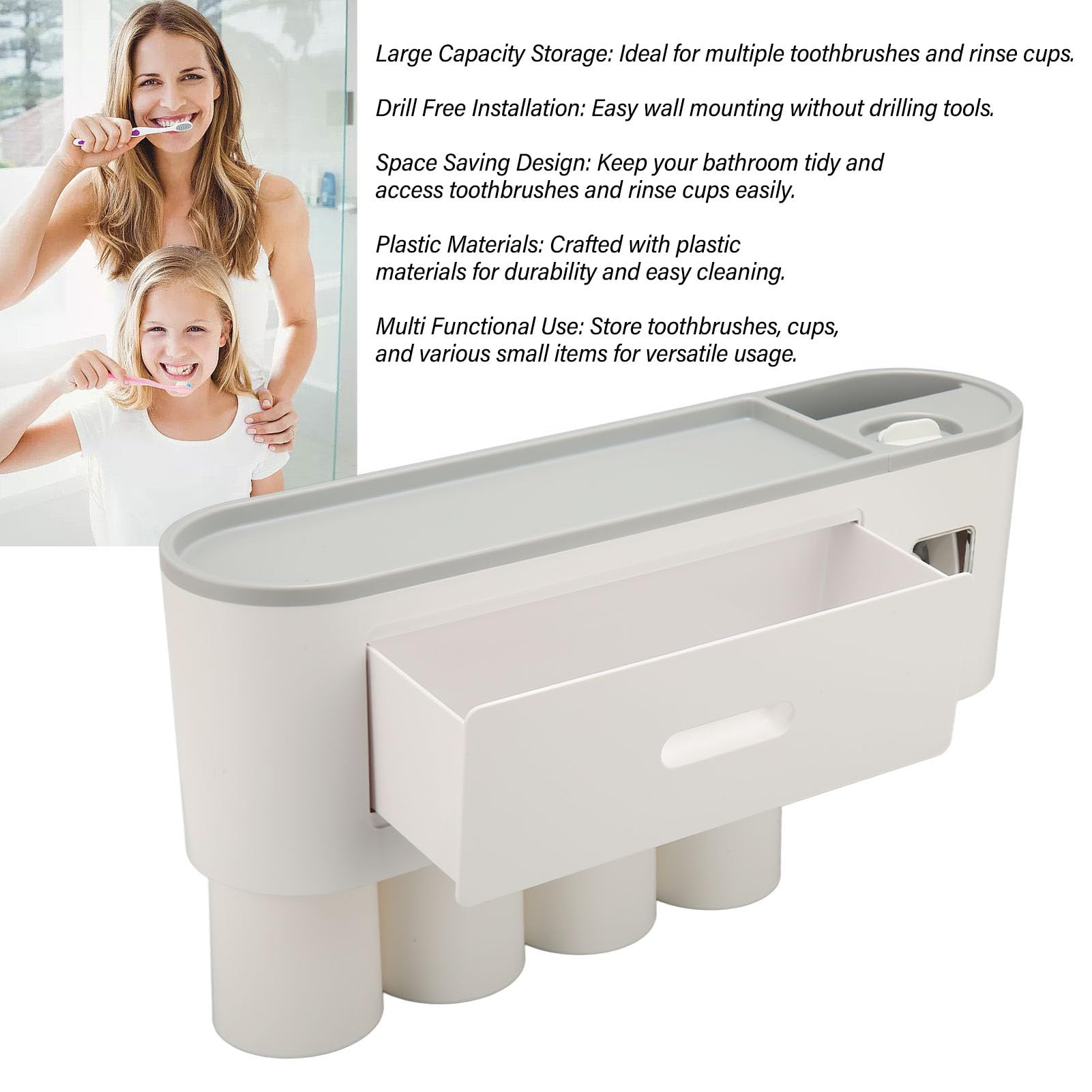 Organizador de Montaje en Pared para Cepillos de Dientes, con Adhesivo para Almacenamiento en el Baño, Sostiene Varios Cepillos de Dientes y Vasos de Enjuague (4 Tazas)