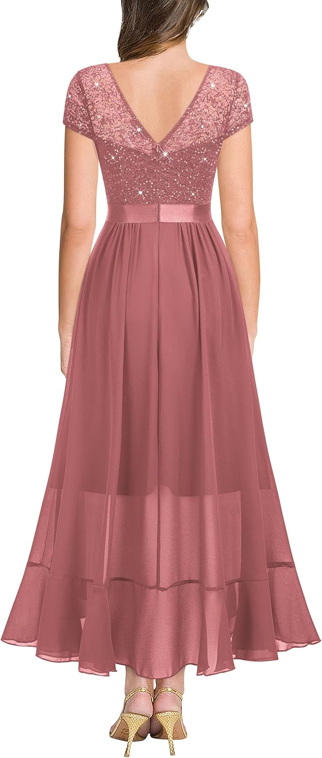 Miusol Women's Retro Lace Contrast Chiffon Ruffle Evening Maxi Dress - Image 2