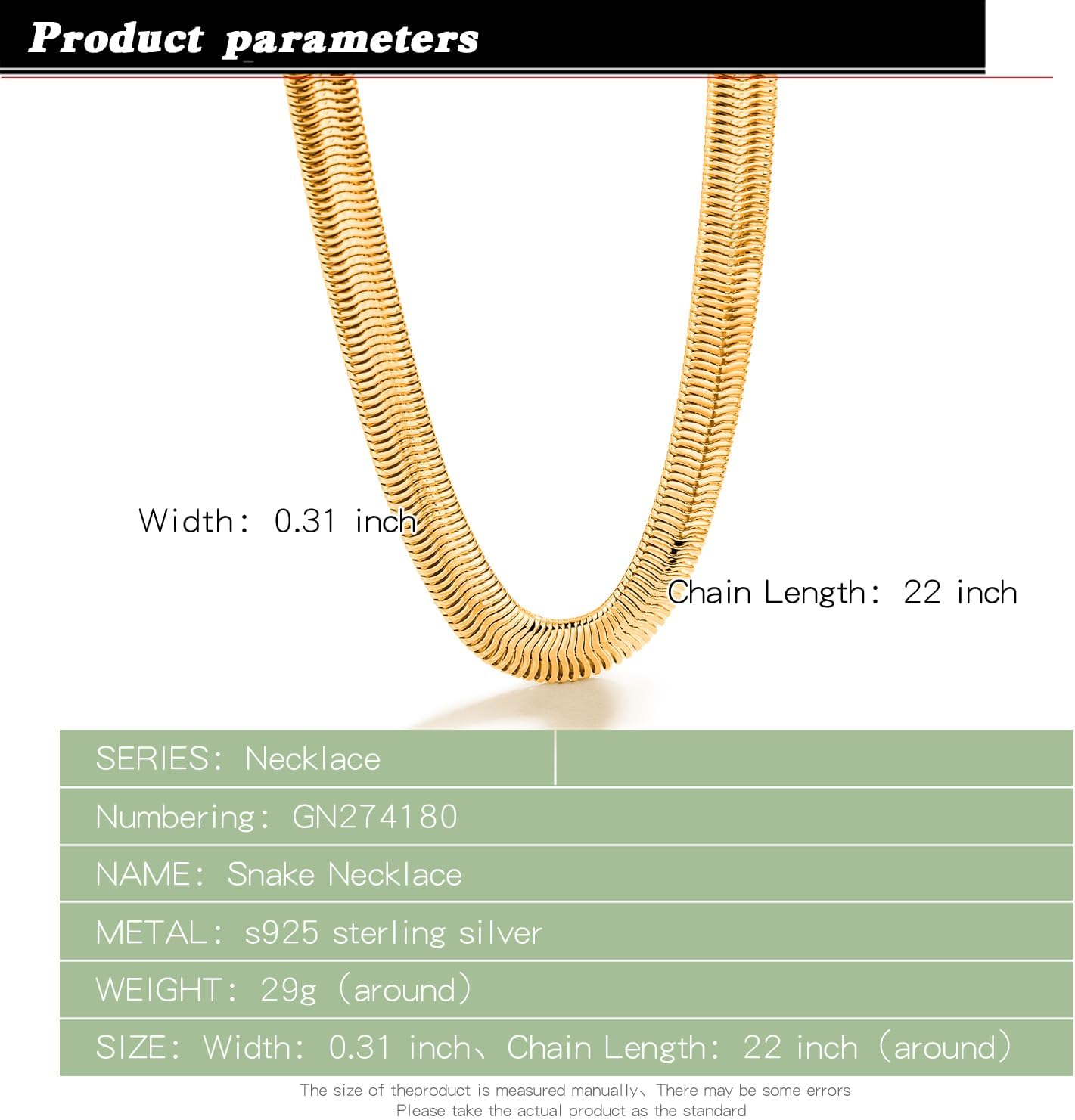 Dankadi Men 925 Sterling Silver Necklace Italian 6MM-8MM Flexible Flat Snake Chain Choker 16-30 Inch 24K Gold plated Fine Jewelry Gifts for Women