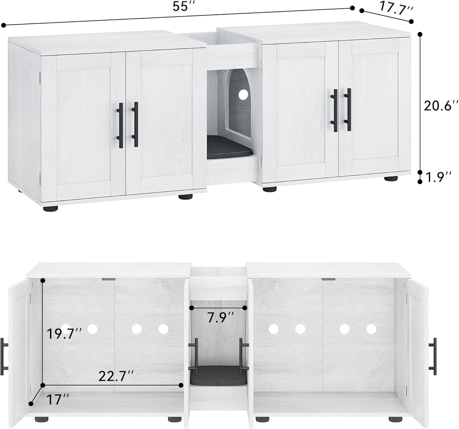 Double Litter Box Enclosure,55" Furniture for 2 Cats, TV Stand,Waterproof Easy-Clean Surface,Cabinet Buckles & Storage Grooves,Suitable for living room, furniture decoration-White