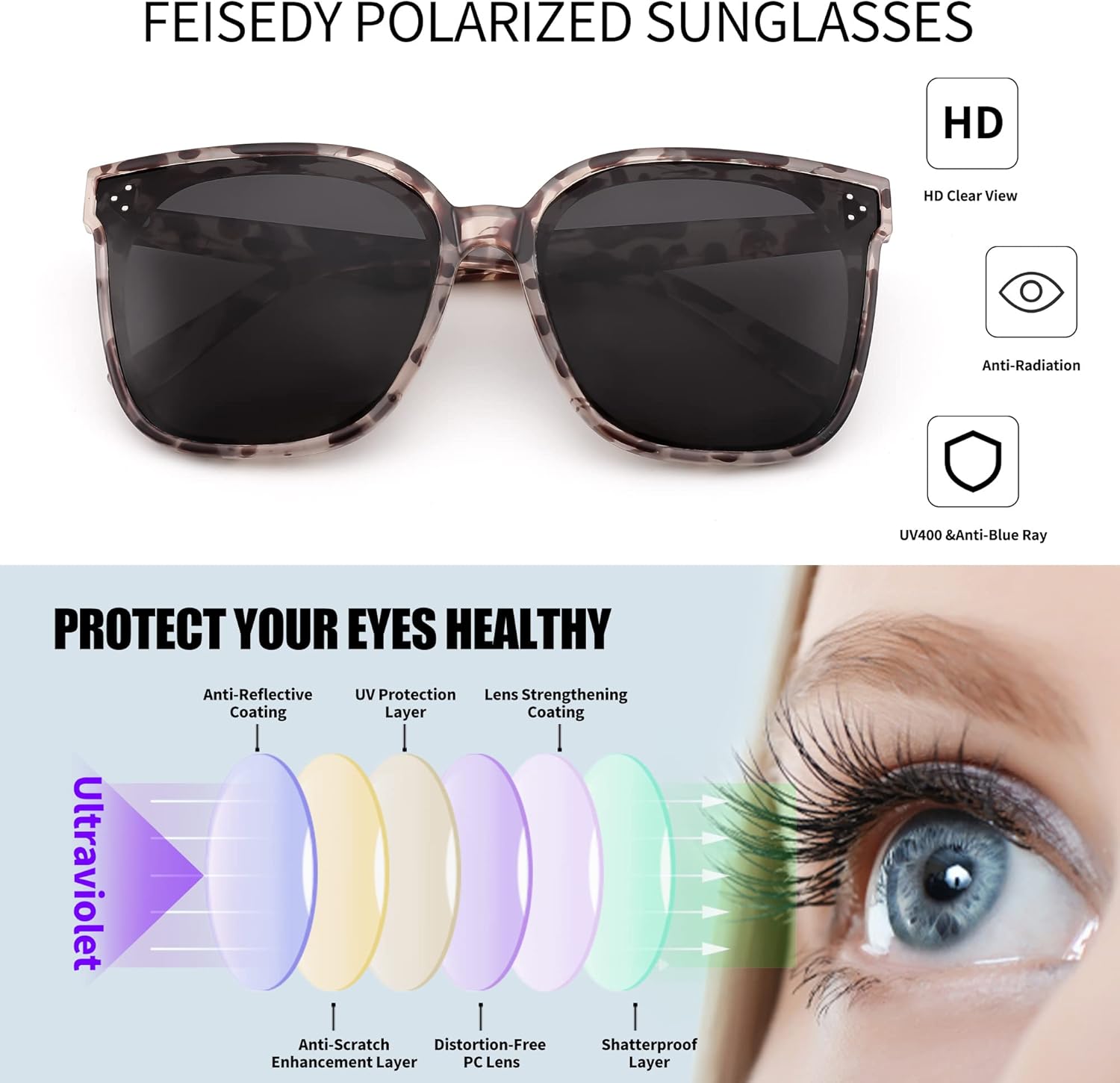 FEISEDY Oversized Polarized Sunglasses - UV400 Protection, Square Fashion Sun Glasses for Outdoor & Daily B2600 - Image 5
