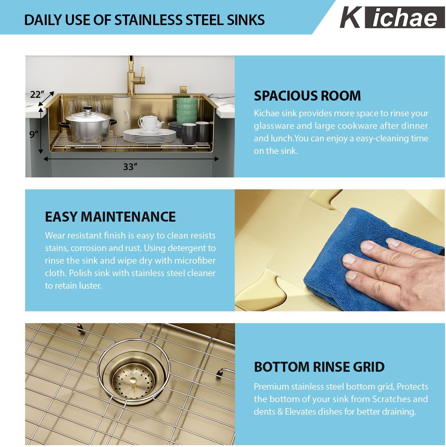 33 Gold Drop In Kitchen Sink - Kichae 33x22 Gold Brushed Stainless Steel Drop Sink 16 Gauge Ledge Workstation Single Bowl Topmount Overmount Handmade Basin with Cutting Board
