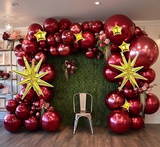 Red Balloon Arch Kit Double Stuffed Wine Red Explosion Star Balloon Garland Different Sizes Maroon Burgundy Balloons for Birthday Christmas Bridal Baby Shower Wedding Prom Party Decor
