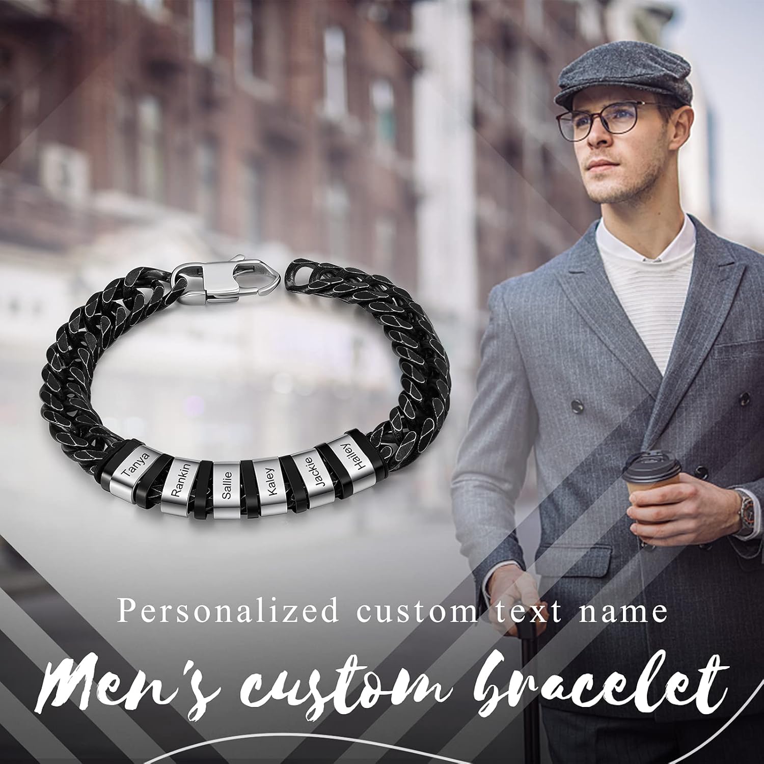 Personalized Name Cuban Link Bracelet for Men: Custom 1-6 Name Mens Bracelet - Stainless Steel Chain Link Bracelet for Men Dad Husband Boyfriend Gift