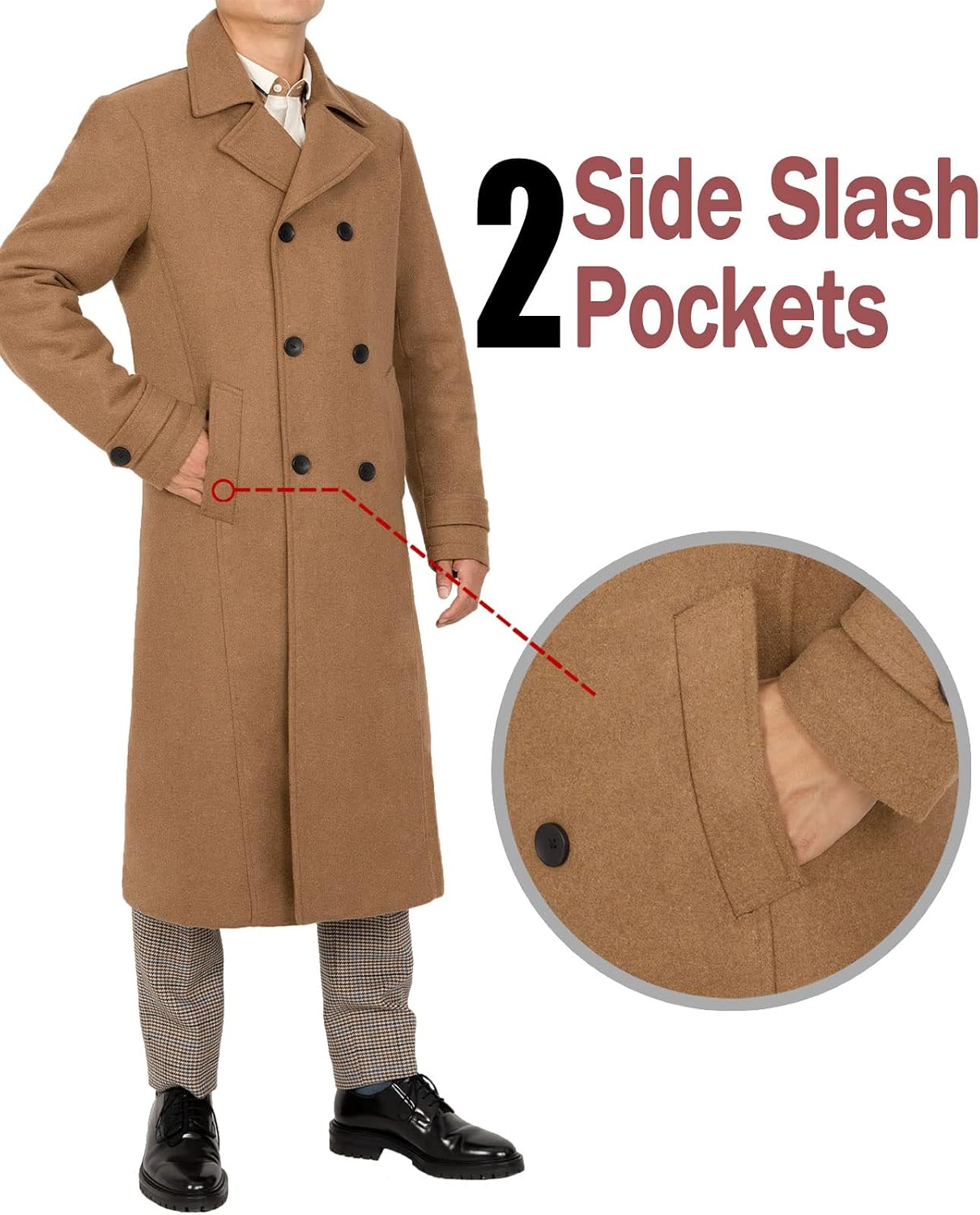 Bonnorth Men's Premium Wool Blend Full Length Trench Coat Winter Double Breasted Notch Lapel Pea Coats