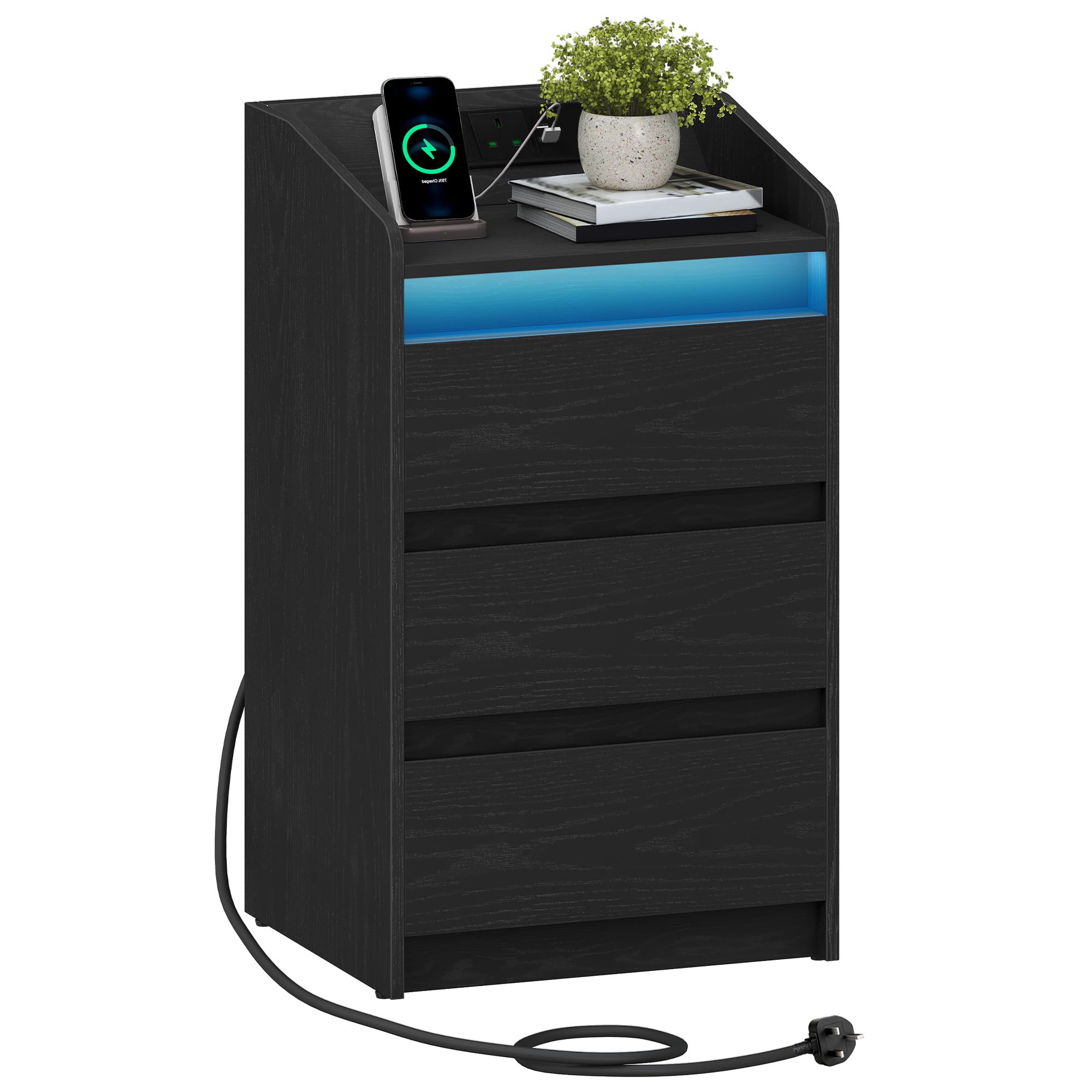 Hzuaneri Bedside Table with 3 Drawers, Bedside Cabinet, Side Table with Charging Station and LED, 2 AC and 2 USB Ports, Nightstand for Bedroom, Living Room, End tables, Black NS40004XUK