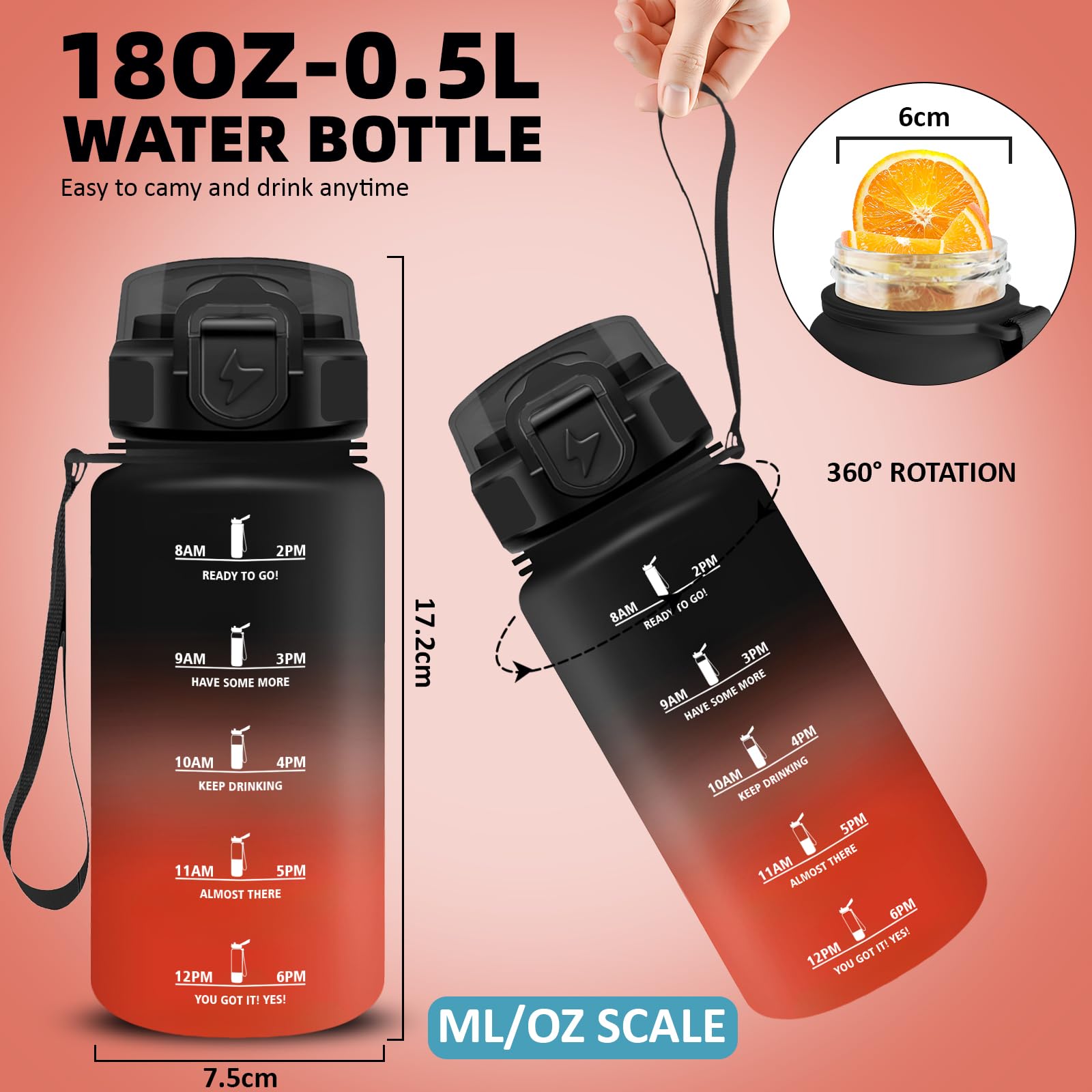 Grsta Borraccia 500ml, Borraccia Bambino con Cannuccia, Facile da Pulire, Bottiglia Motivazionale con Indicatore del Tempo, A Prova di Perdite Borracce per Scuola, Trekking, Outdoor