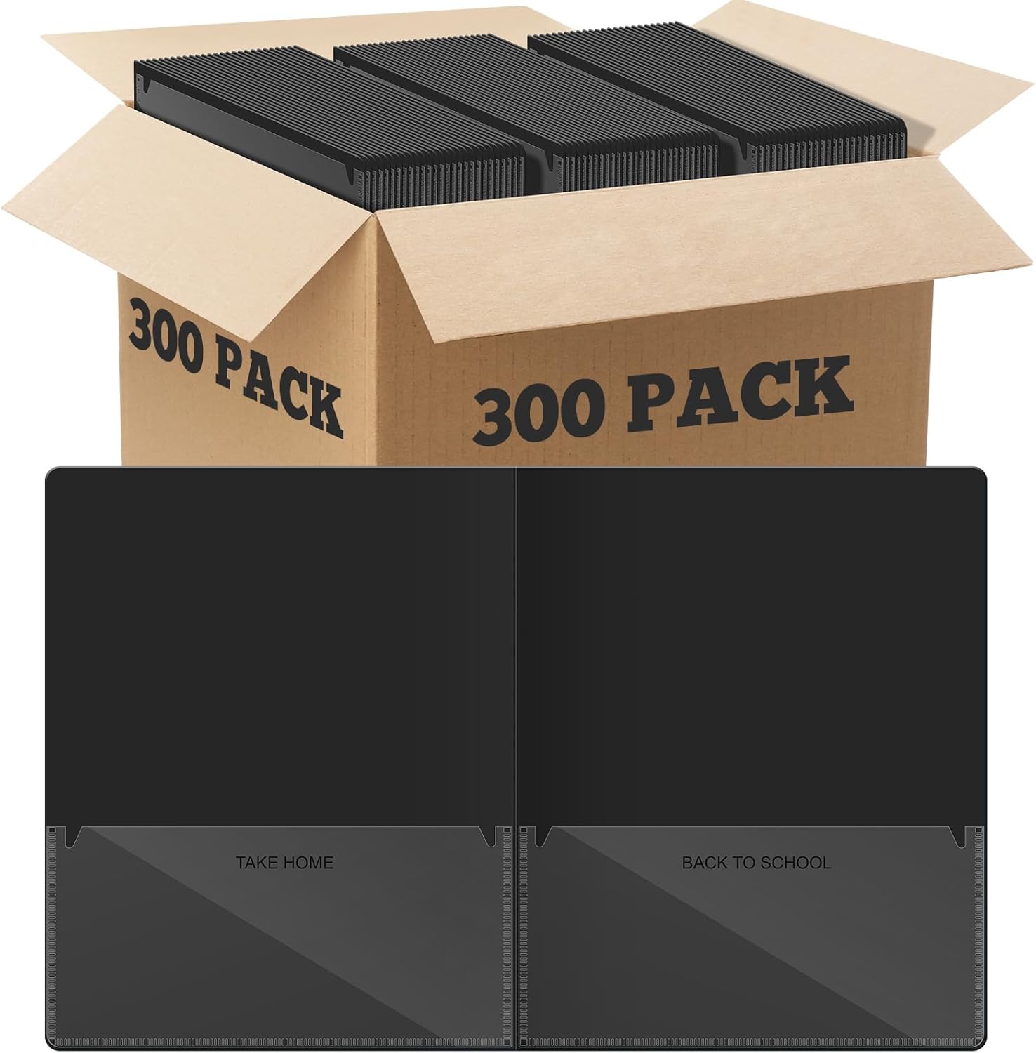 Henoyso 300 Pcs Take Home Folders 2 Inside Pockets, Parent Teacher Communication Folder for Students Homework with Clear Front Pocket Heavy Duty, School Classroom Supplies, 11.8 x 9.45 Inch (Black)